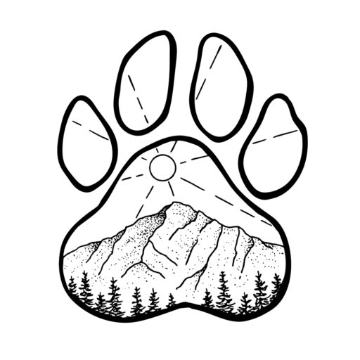 A line drawn logo depicting the outline of a dog's paw. On the interior of the paw is a line drawn depiction of Pike's Peak mountain top.